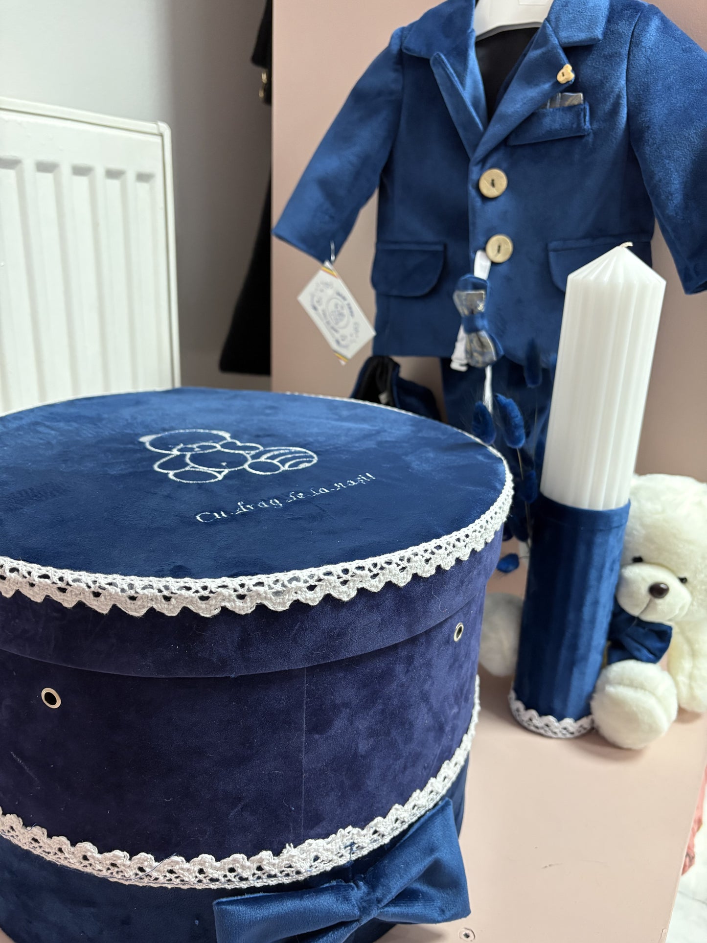 Set de botez pentru băieți, albastru cu tematică ursuleț